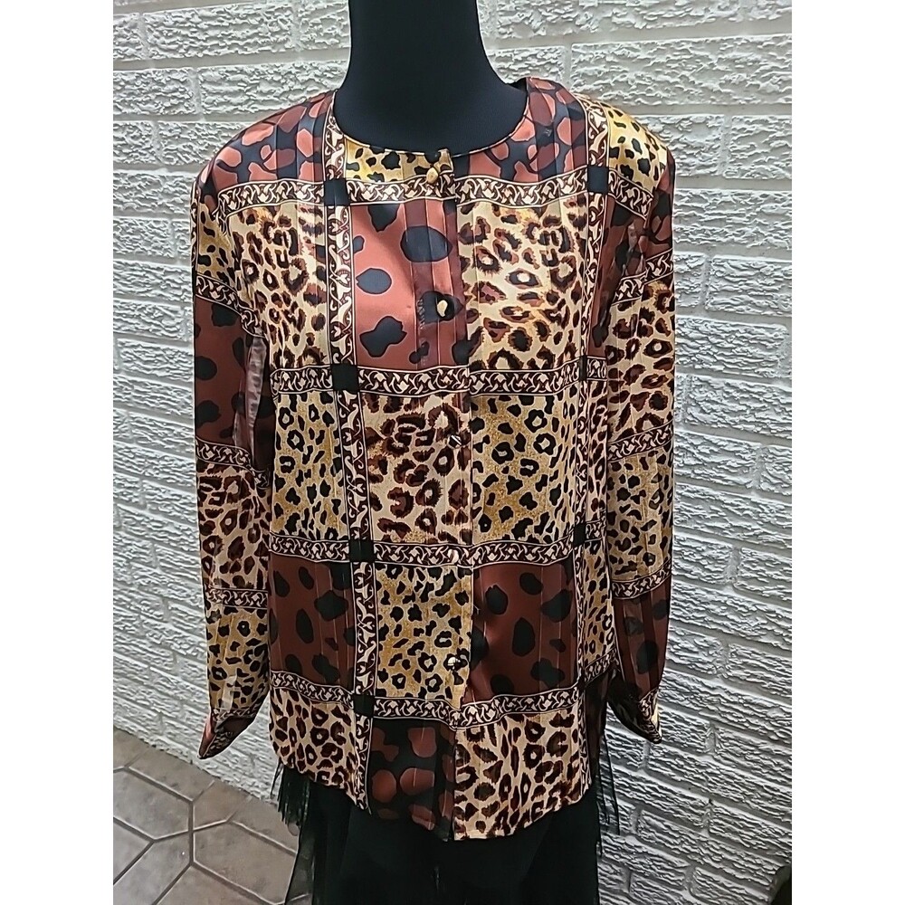 Martinique Ladies Blouse Sz 12 Brown Gold Black Geometric Print Sheer Buttons